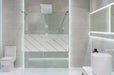 Bathroom interior with white walls, a shower cabin with glass wa