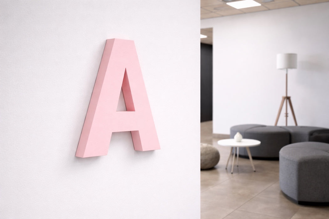 Letra corpórea impresa en 3D color rosa pastel PLA con fondo de interior