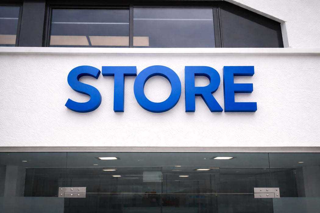 Rótulo exterior de la palabra "STORE" impreso en PETG Azul en fachada