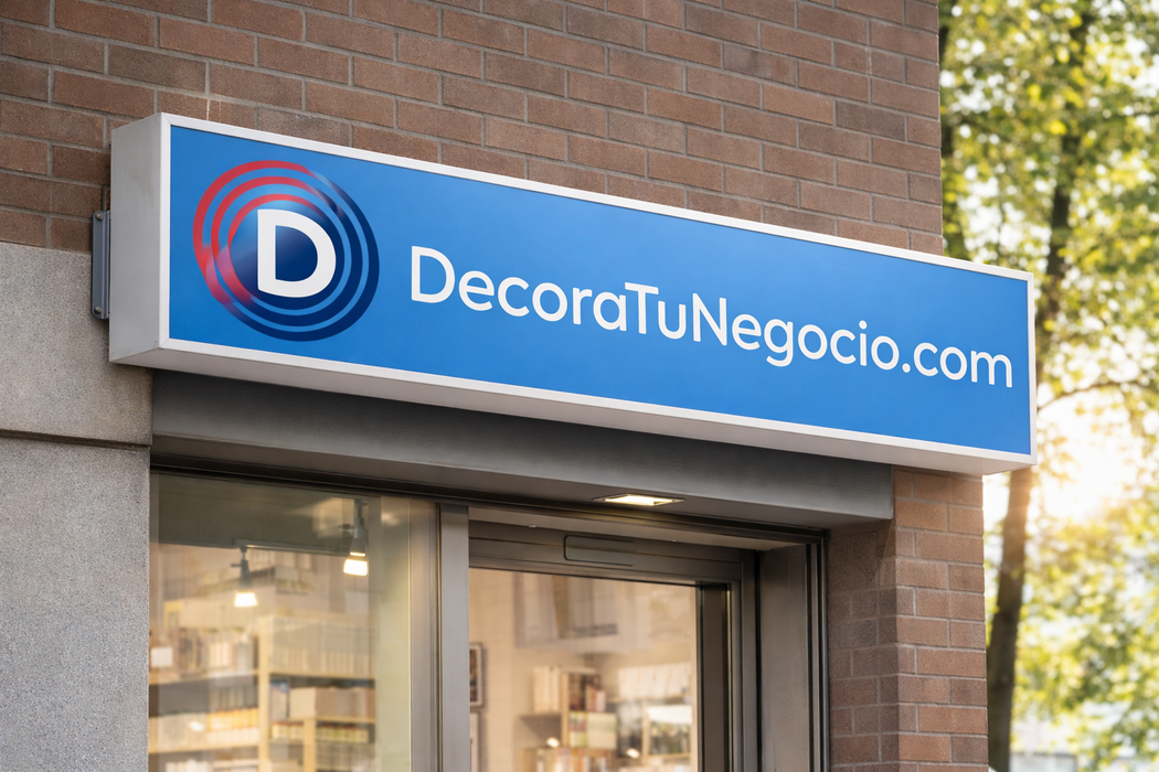 Cajón de luz apagado con perfil blanco. Tiene diseño de DecoraTuNegocio de ejemplo y el fondo de la imagen es la fachada de una tienda.