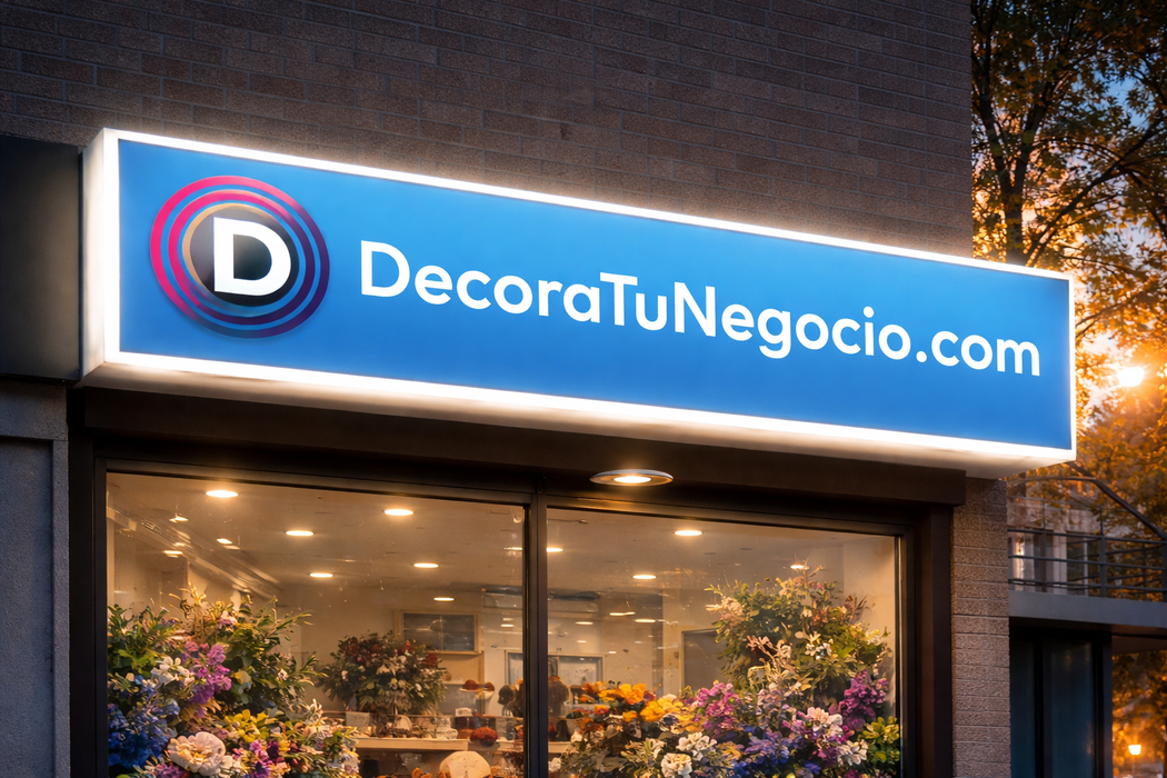 Cajón de luz encendido con perfil blanco. Tiene diseño de DecoraTuNegocio de ejemplo y el fondo de la imagen es la fachada de una tienda.