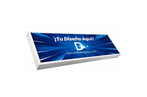 Cajón de luz apagado con perfil blanco. Tiene diseño de DecoraTuNegocio de ejemplo y el fondo de la imagen es blanco.